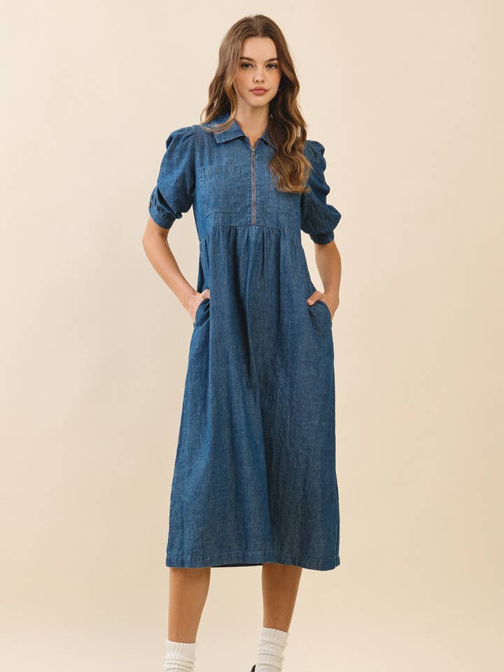 Front Zip Puff Sleeve Denim