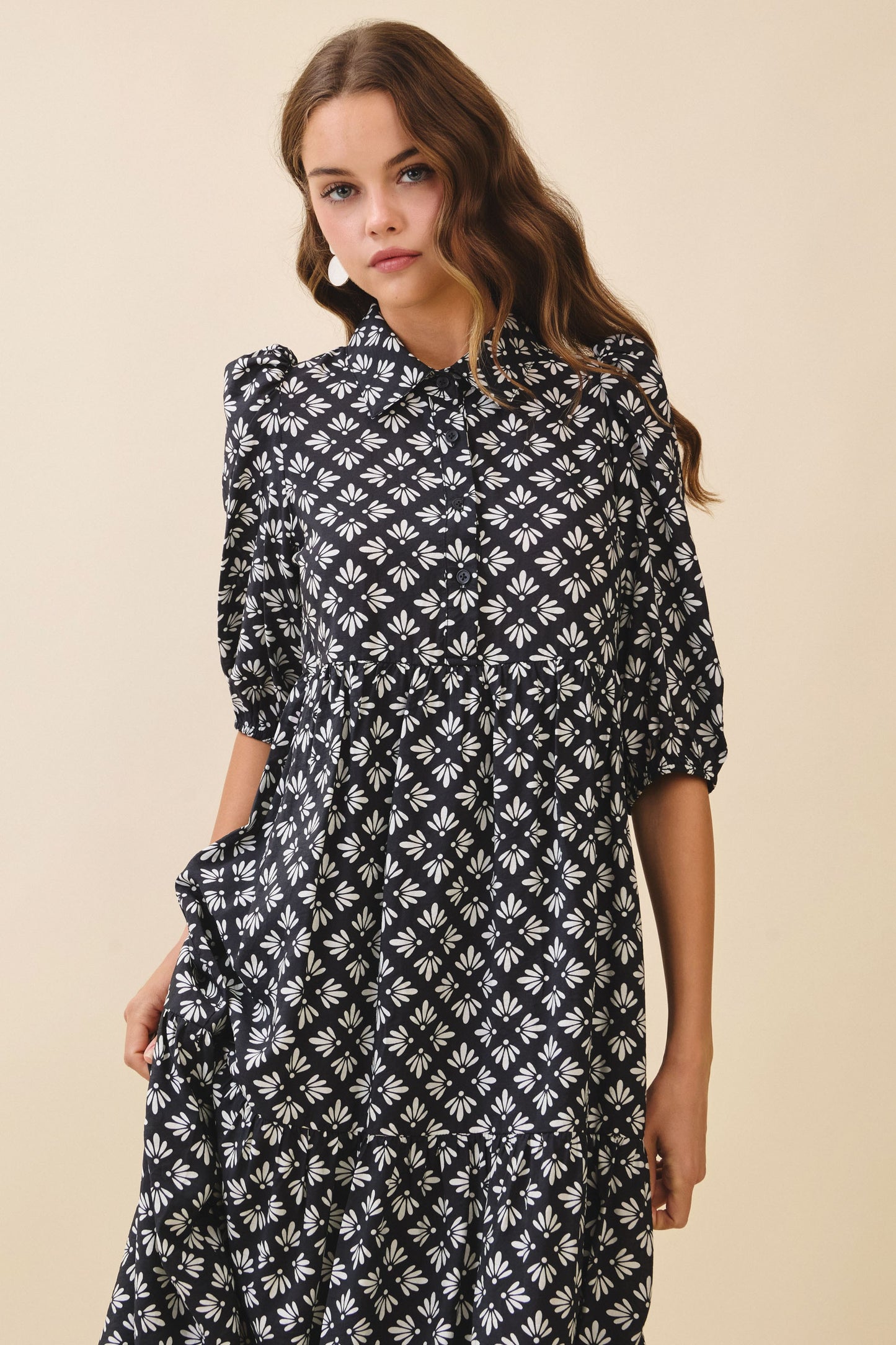 Geometric Floral Print Shirt Dress
