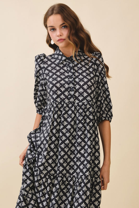 Geometric Floral Print Shirt Dress