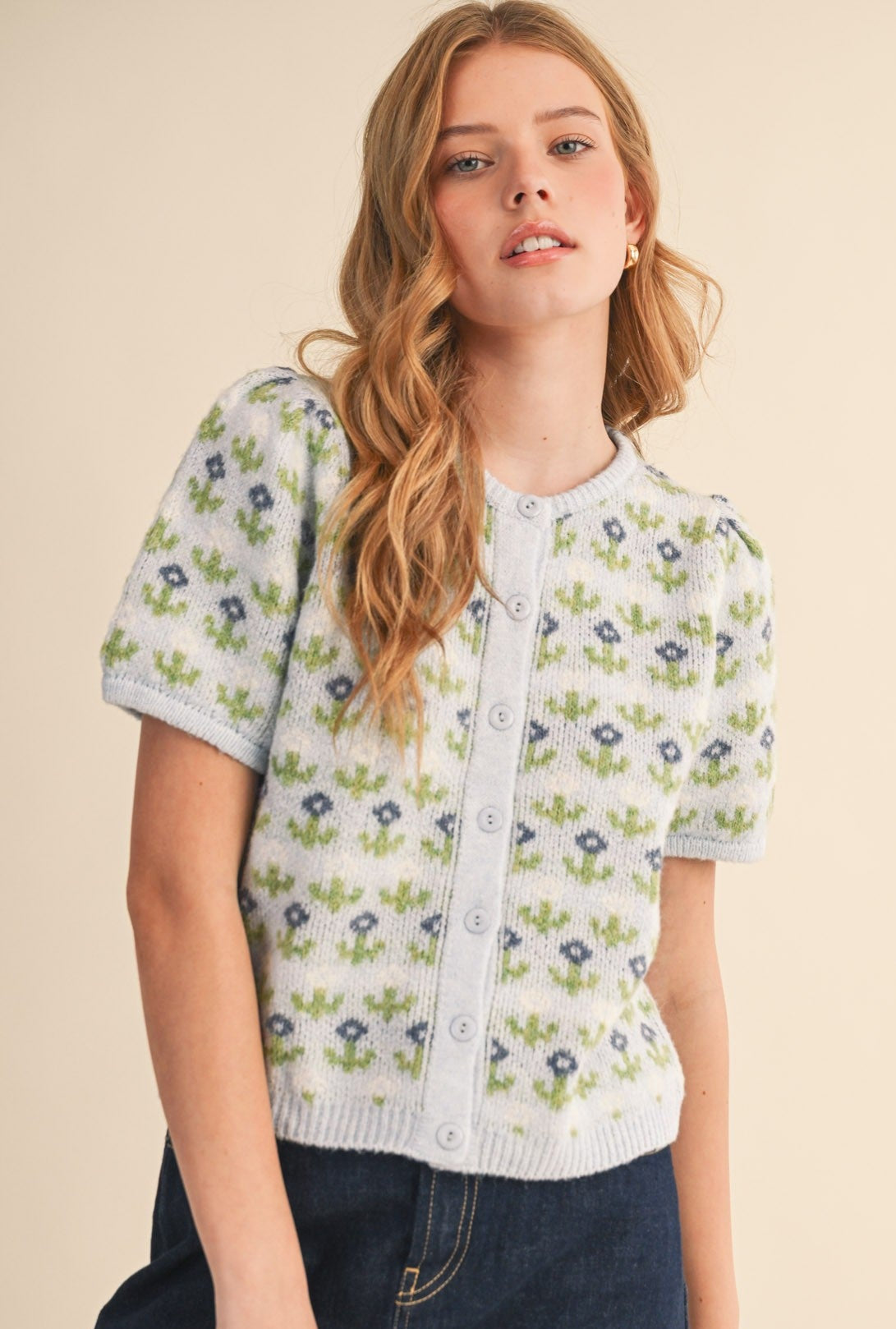 Floral Short Sleeve Sweater Cardigan