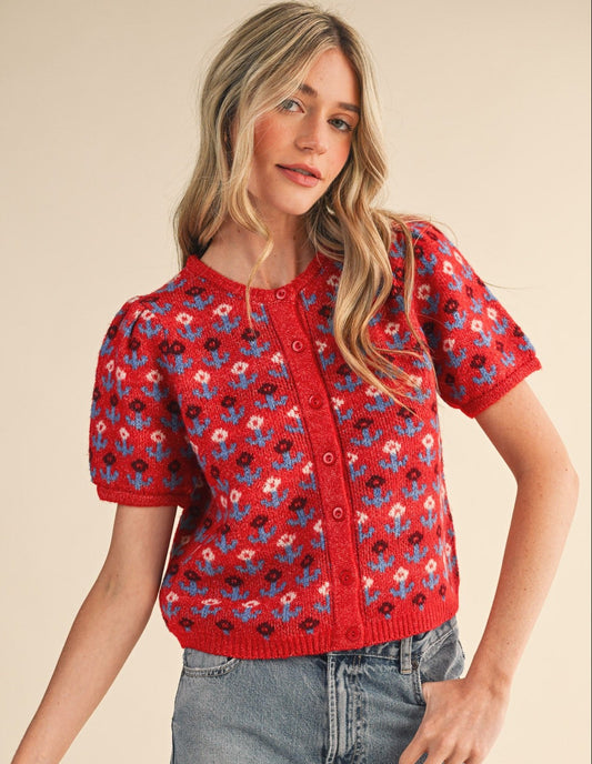 Floral Short Sleeve Sweater Cardigan
