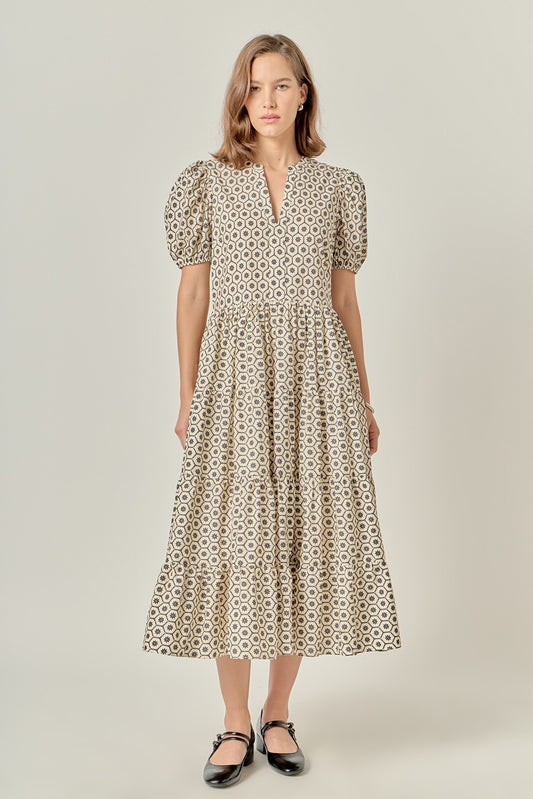 Beige/Black Print Puff Sleeve Midi