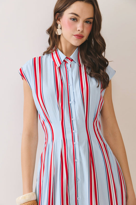 Fitted Striped Button Midi Dress