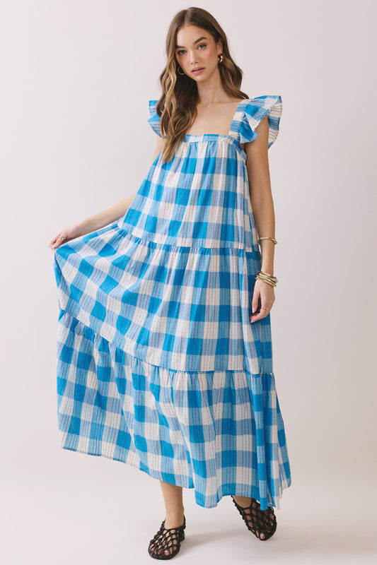 Checkered Flutter Sleeve Maxi Dress