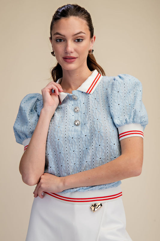 Puff Sleeve Lace Knits Blue