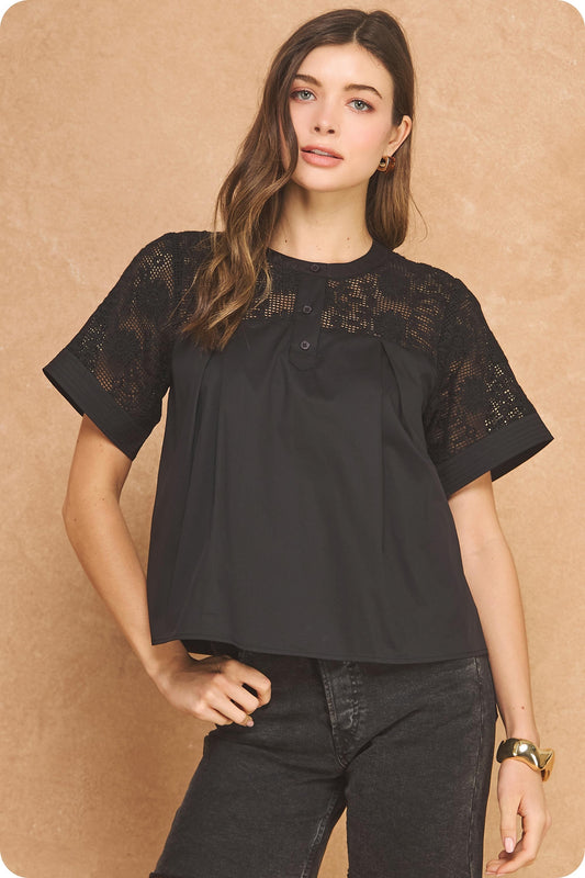 Contrast Floral Crochet Yoke Pleat Blouse