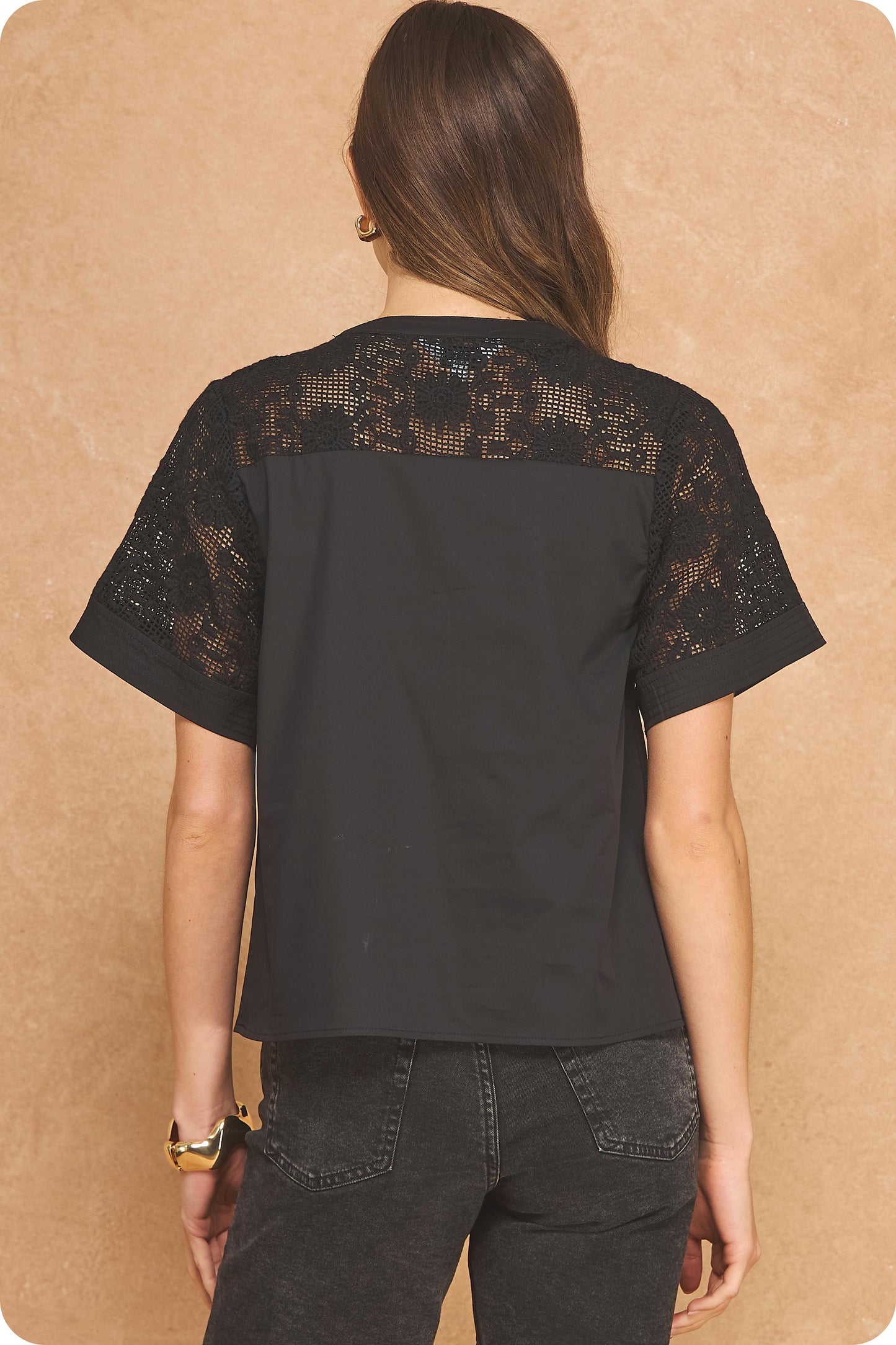 Contrast Floral Crochet Yoke Pleat Blouse