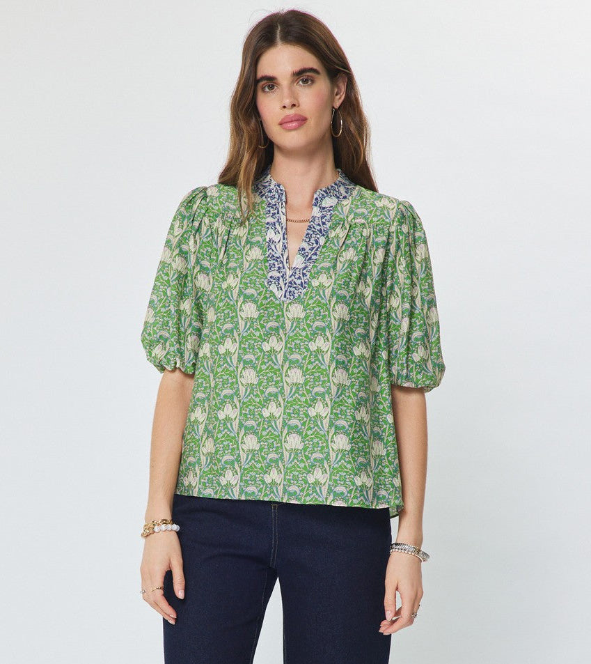 Split Neck Puff Sleeve Floral Blouse