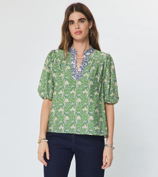 Split Neck Puff Sleeve Floral Blouse