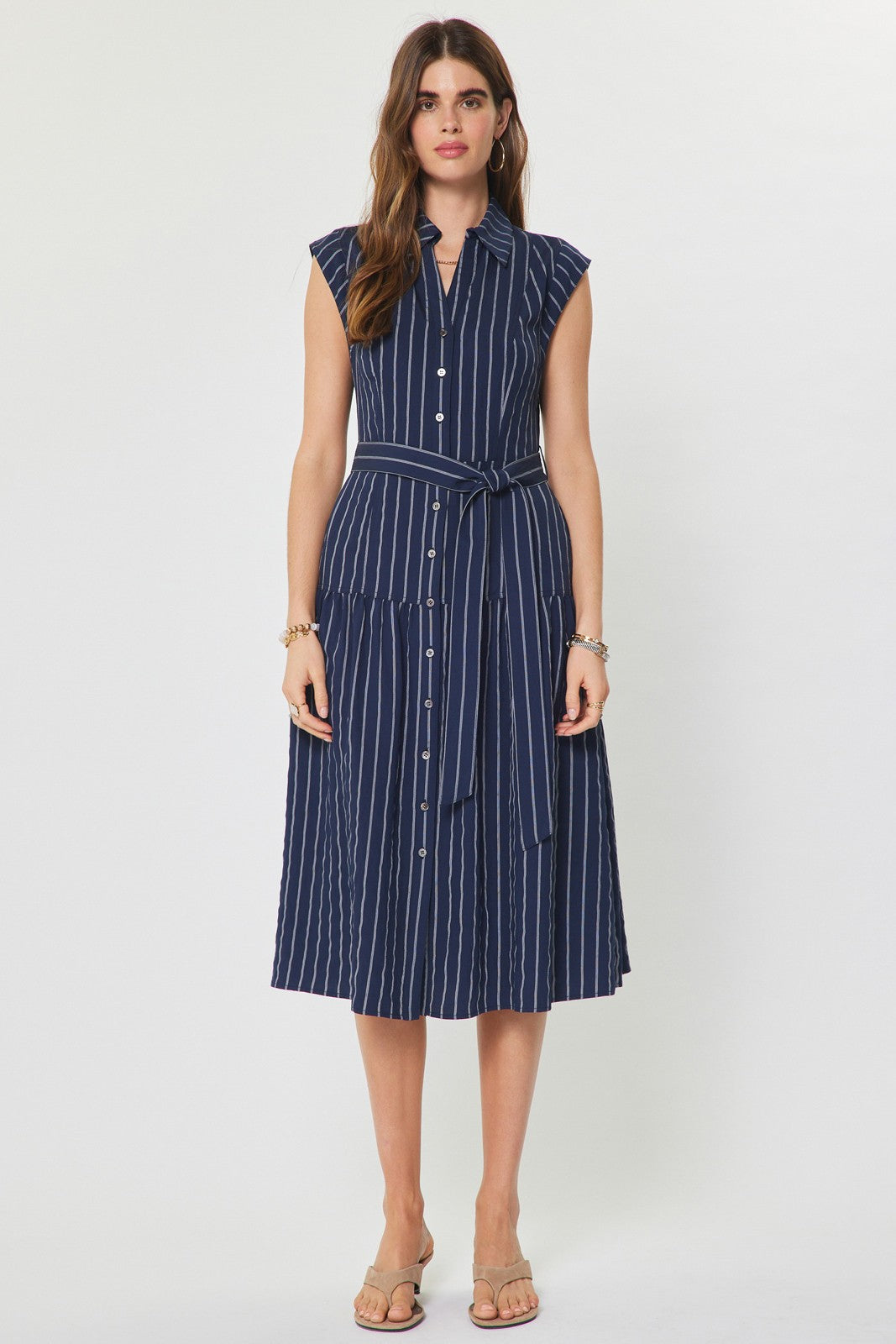 Striped Button Down Midi Dress with Belt