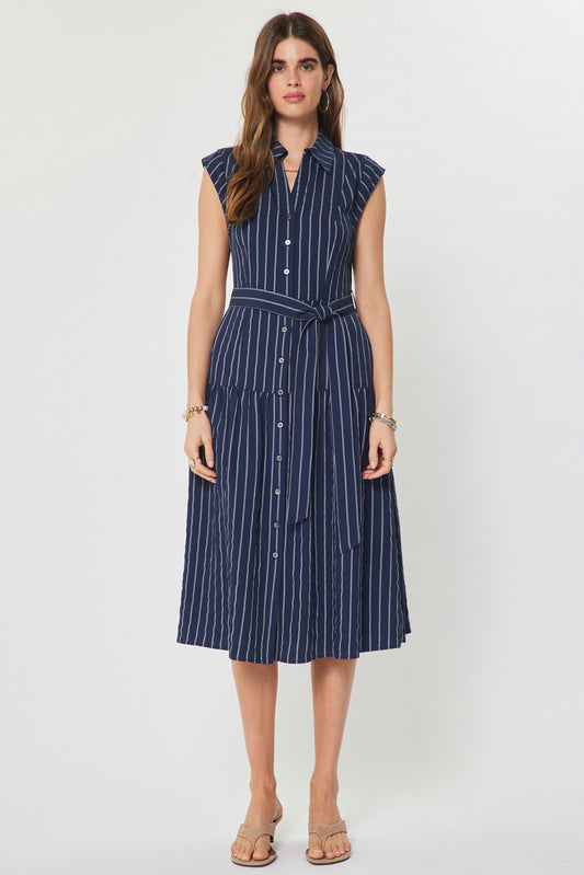 Striped Button Down Midi Dress with Belt