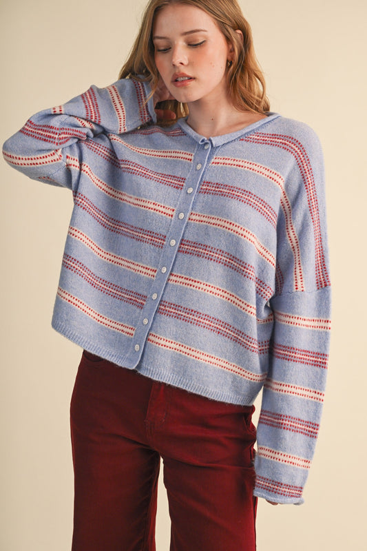 Striped Sweater Cardigan With Rolled Edges