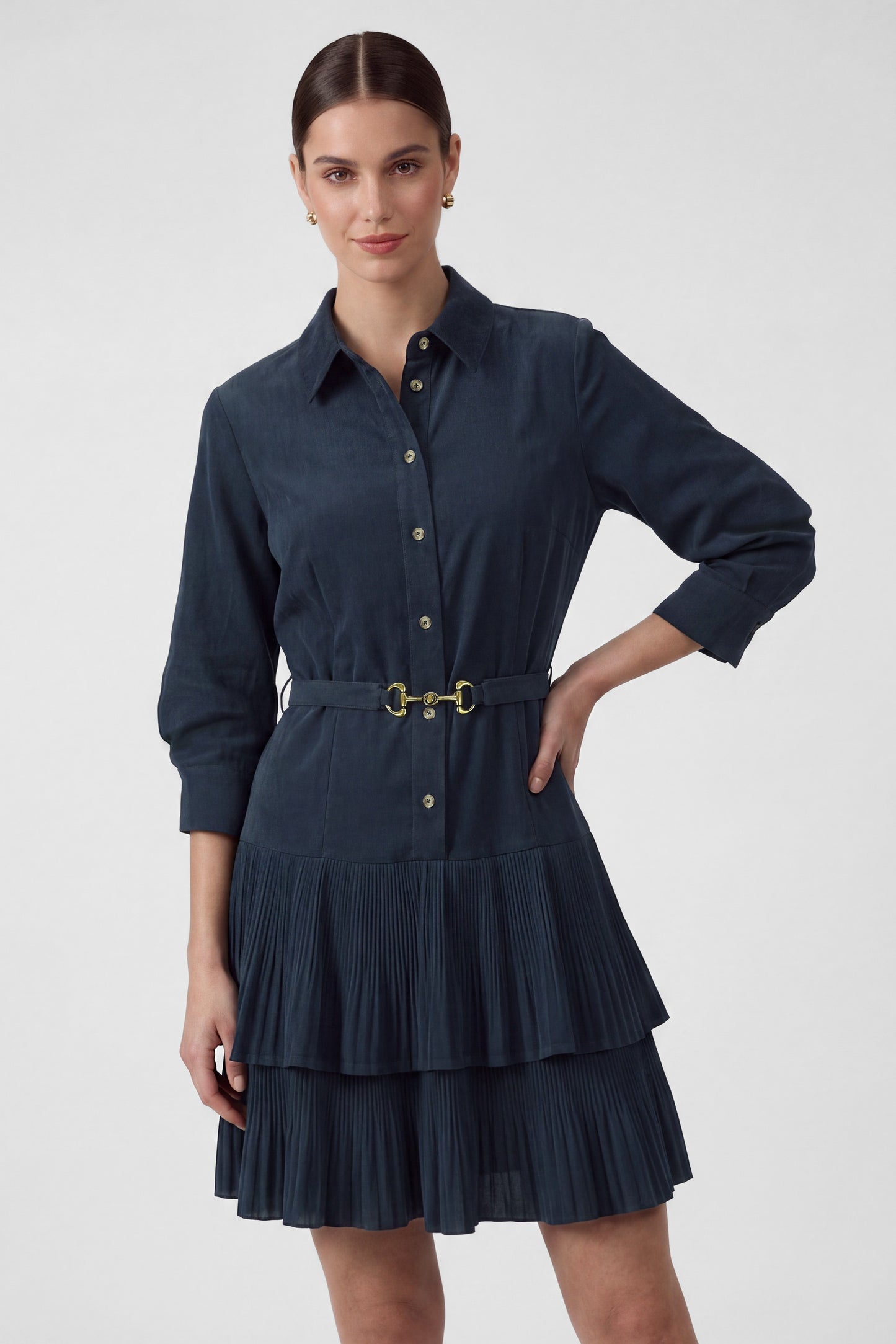 Corduroy Tiered Pleated Shirt Dress