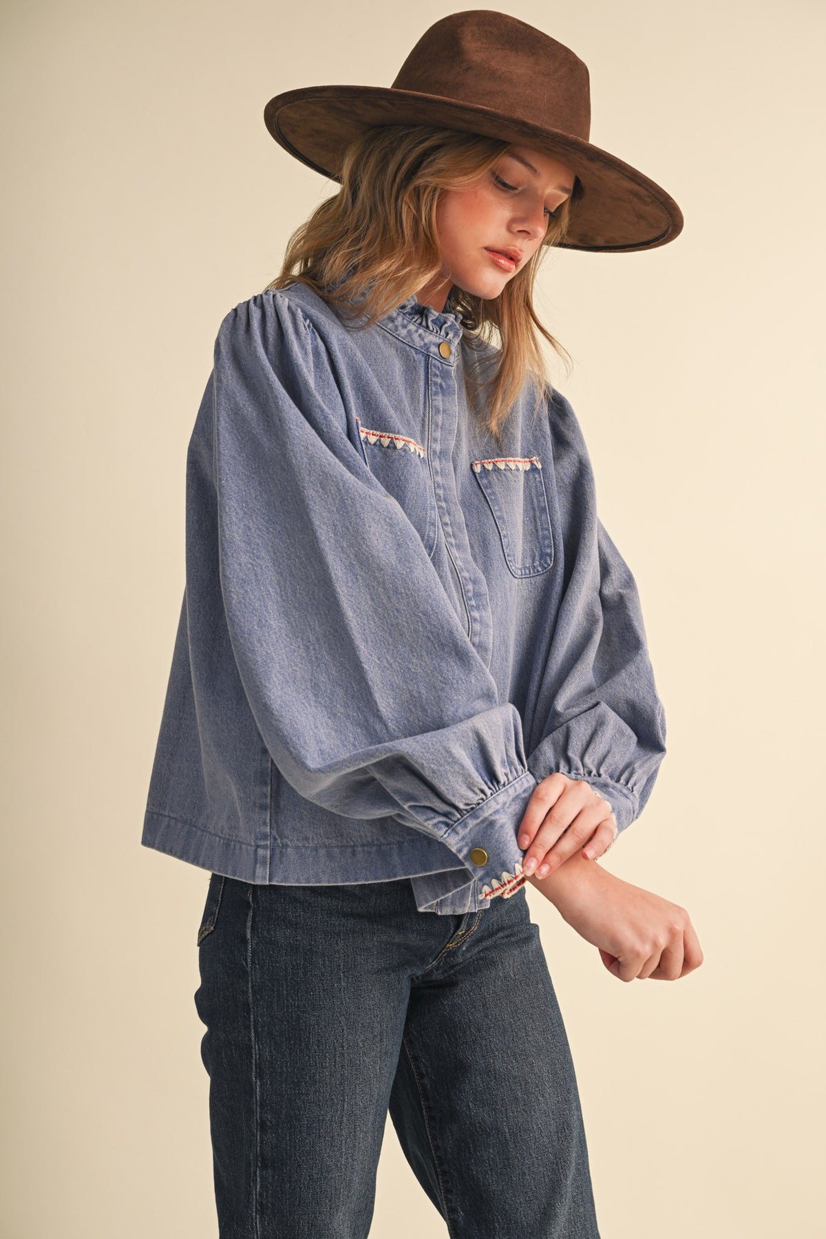 Denim Button Down Top with Stitching