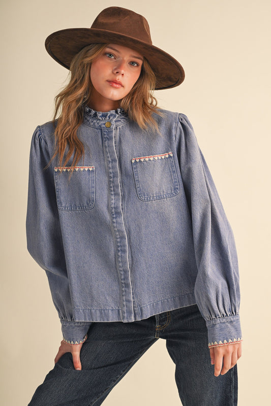 Denim Button Down Top with Stitching
