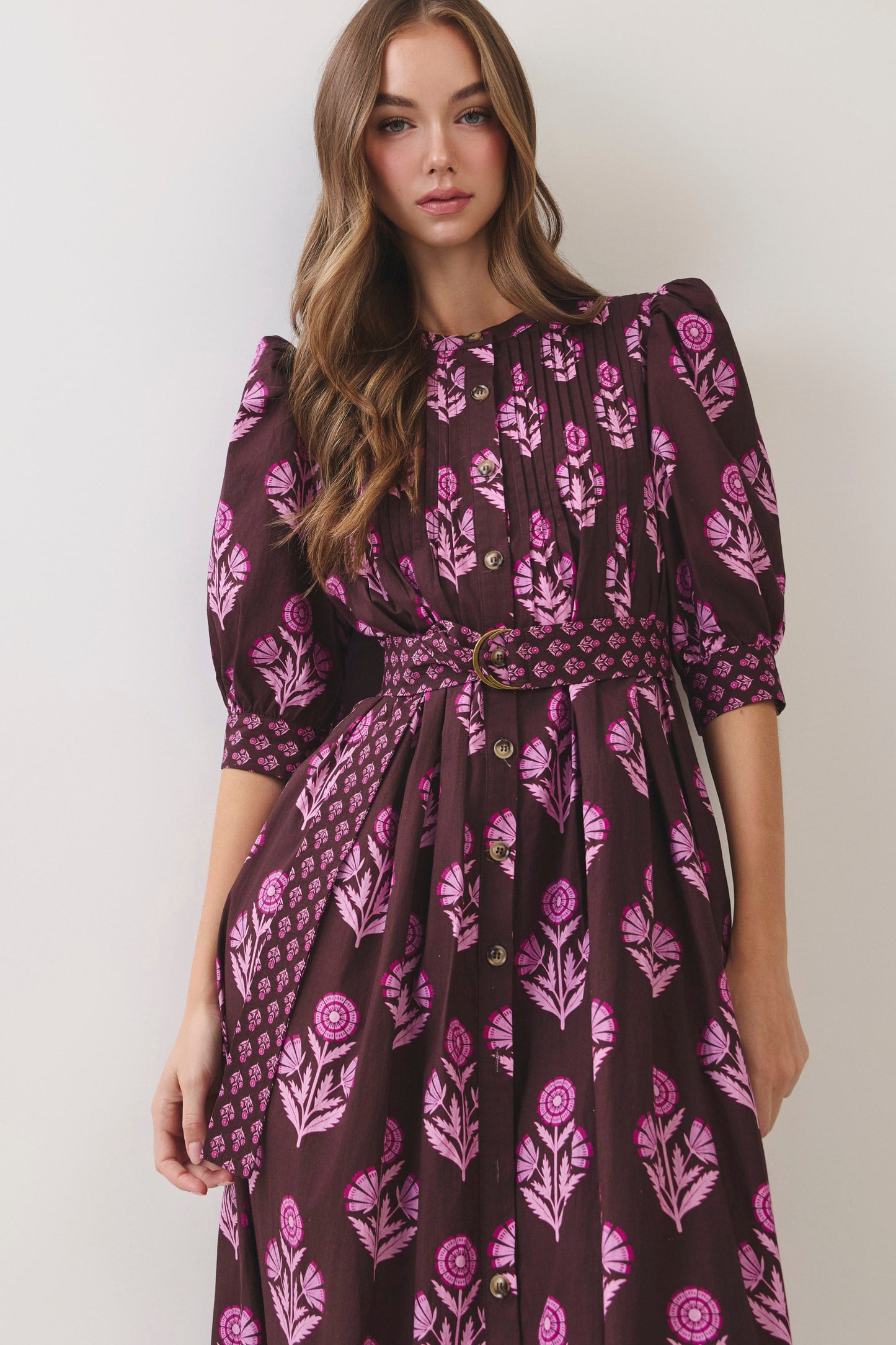 Floral Print Puff Sleeve Belted Dress