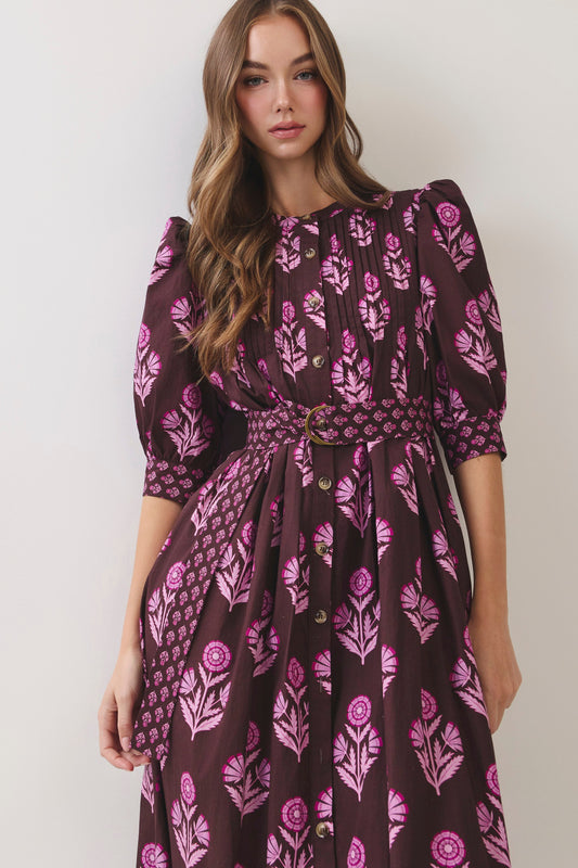 Floral Print Puff Sleeve Belted Dress