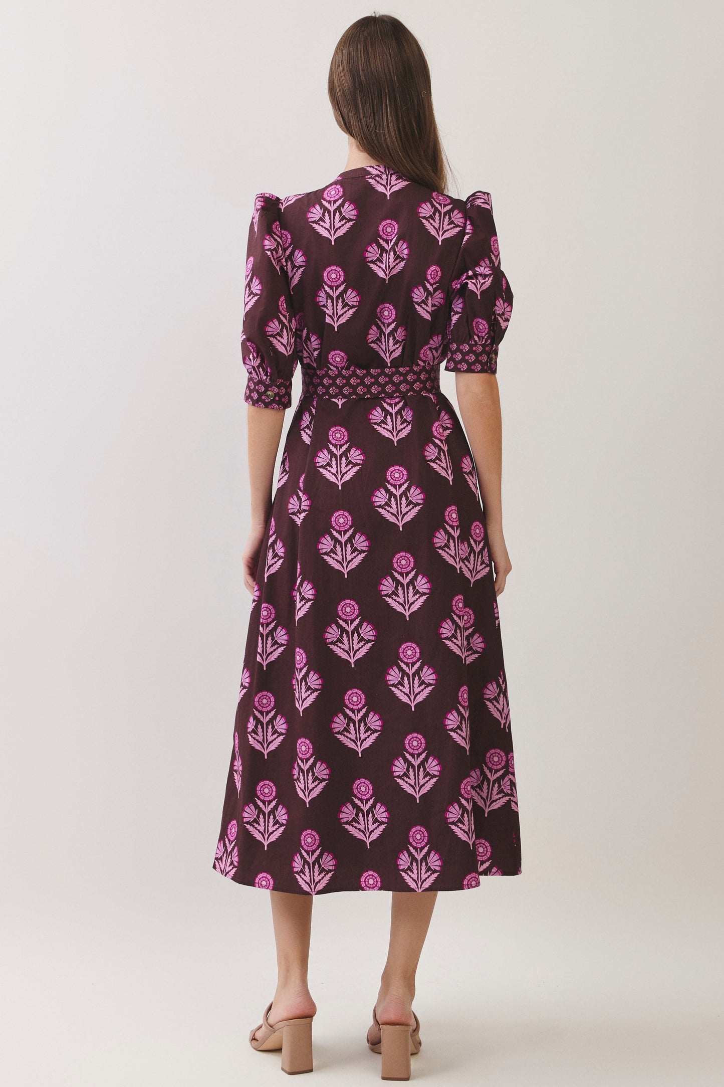 Floral Print Puff Sleeve Belted Dress