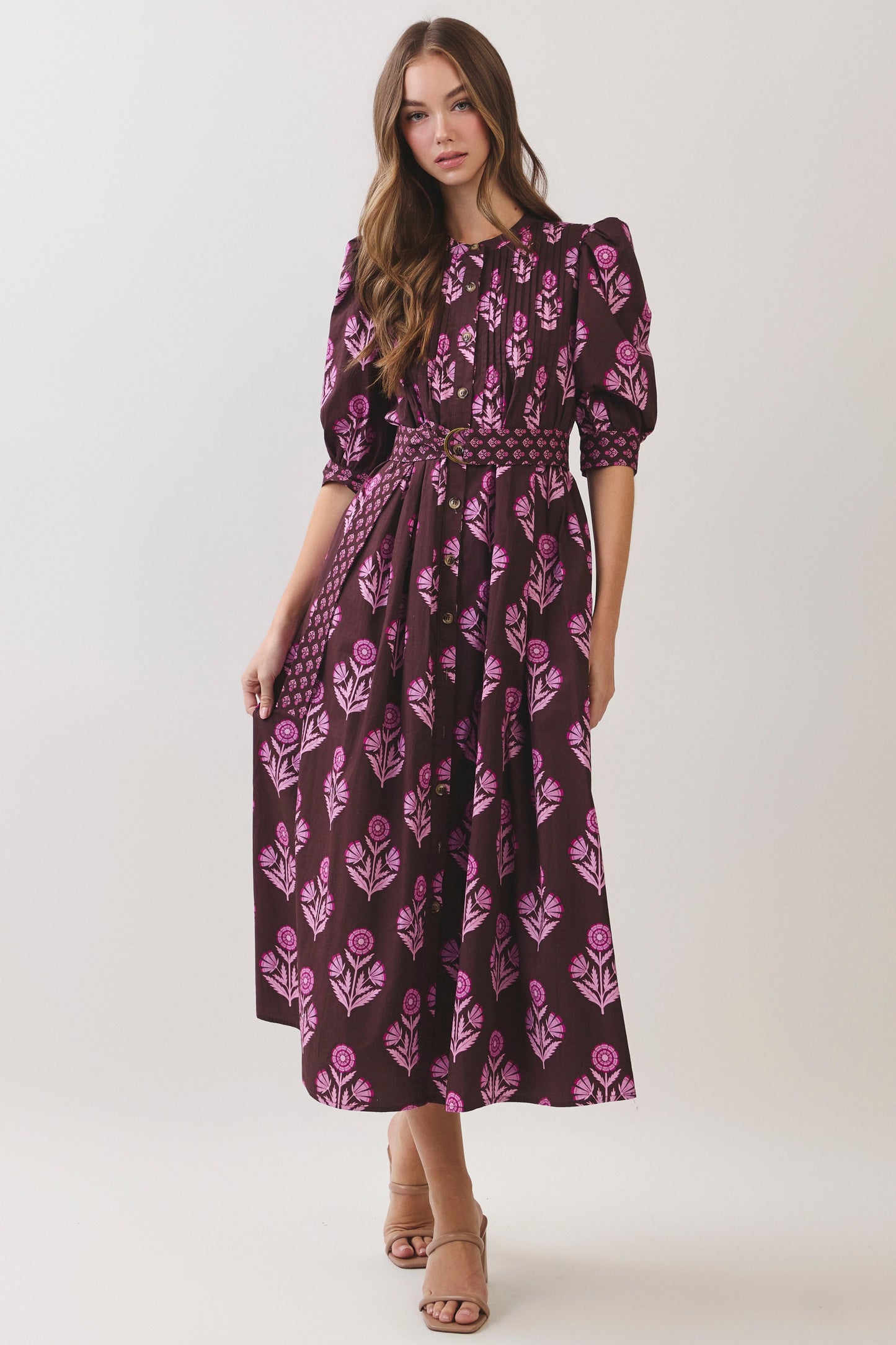 Floral Print Puff Sleeve Belted Dress