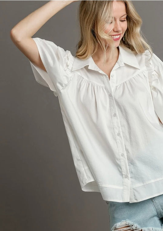 White Ruffle and Flutter Sleeve Button Up top
