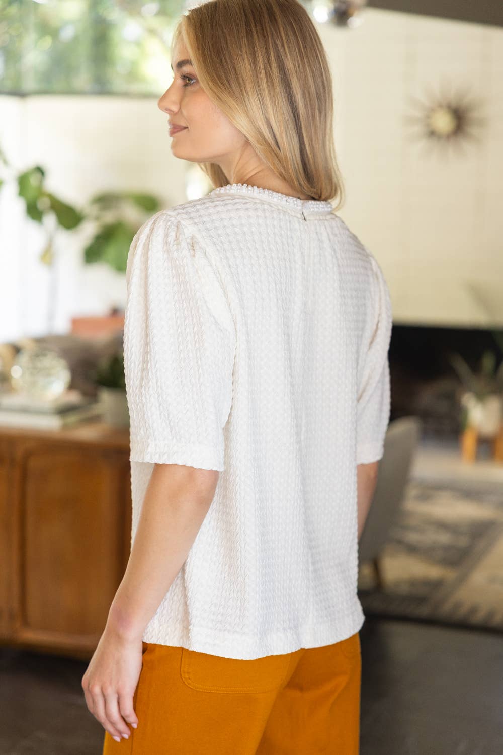 36017 Pearl Neck Trim Textured Solid Knit Top