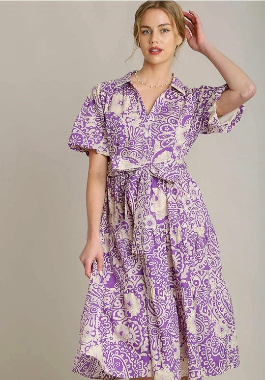 Lavender Puff Sleeve Patterned Dress