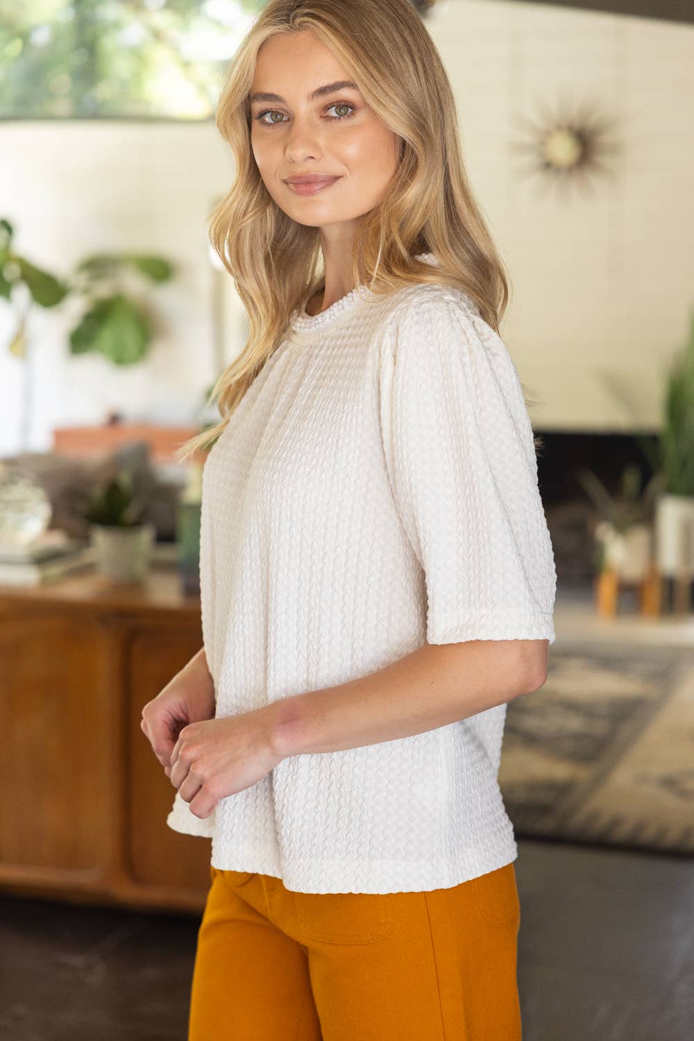 36017 Pearl Neck Trim Textured Solid Knit Top