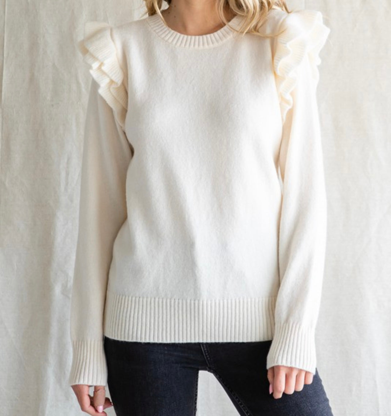 Solid Ruffle Cap Shoulder Sweater