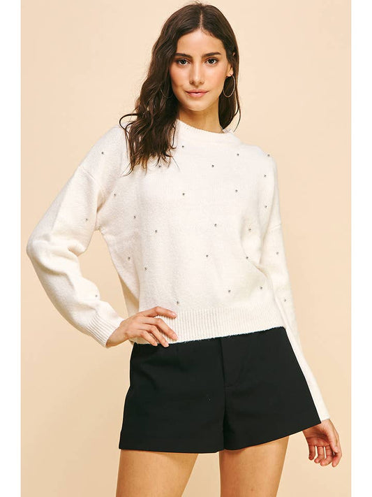 Marble Embellished Sweater Top - Cream
