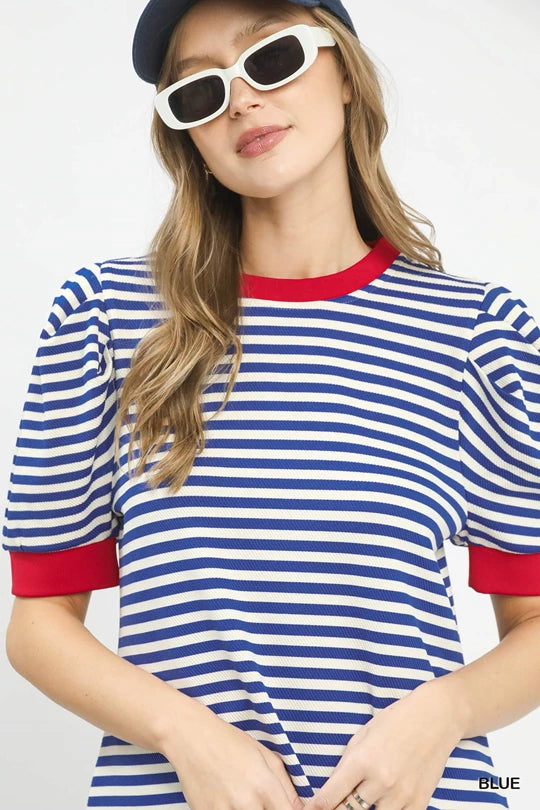 Blue and Red Striped Knit Top
