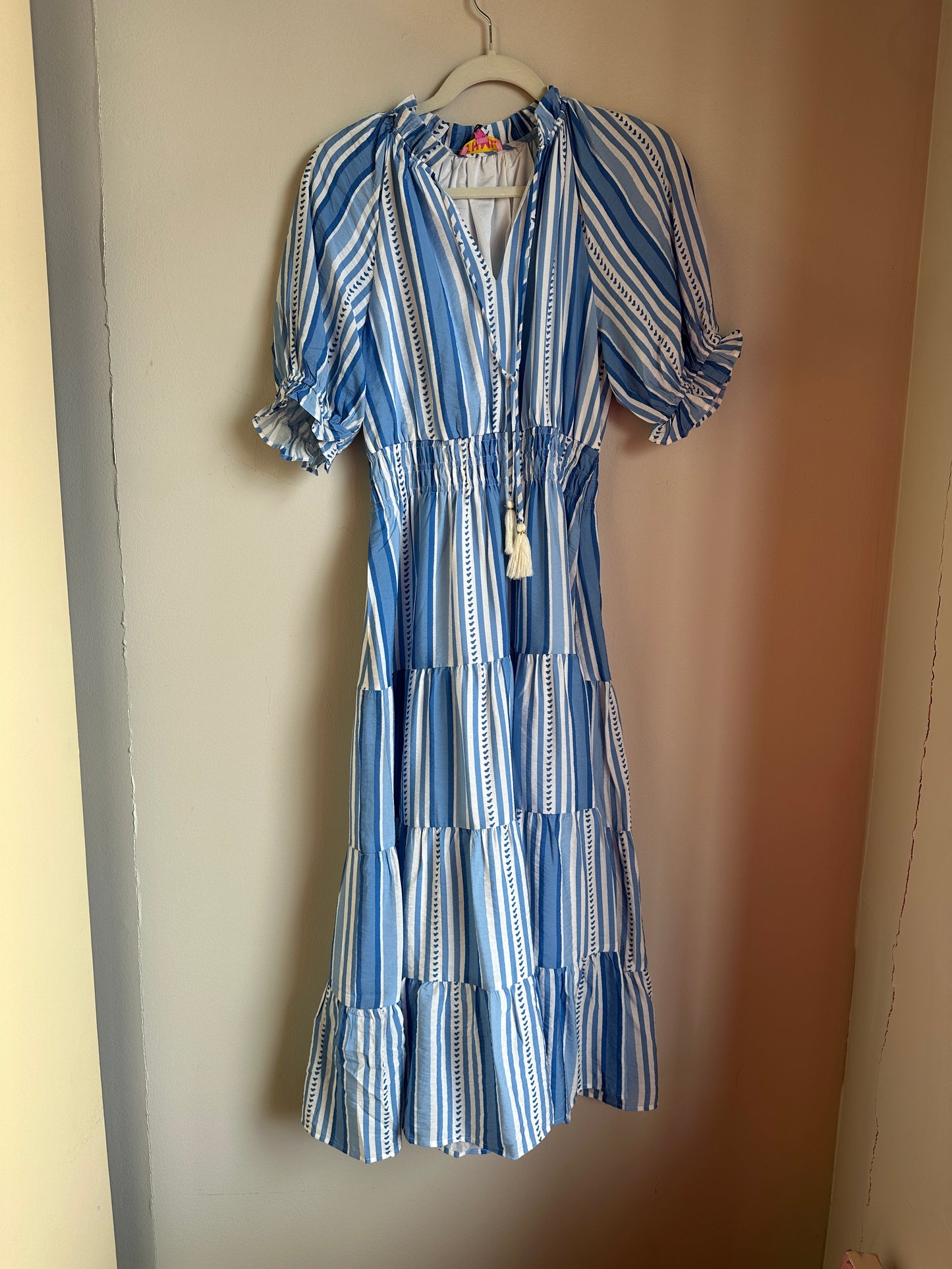 Puff Sleeve Striped Pattern Midi Dress