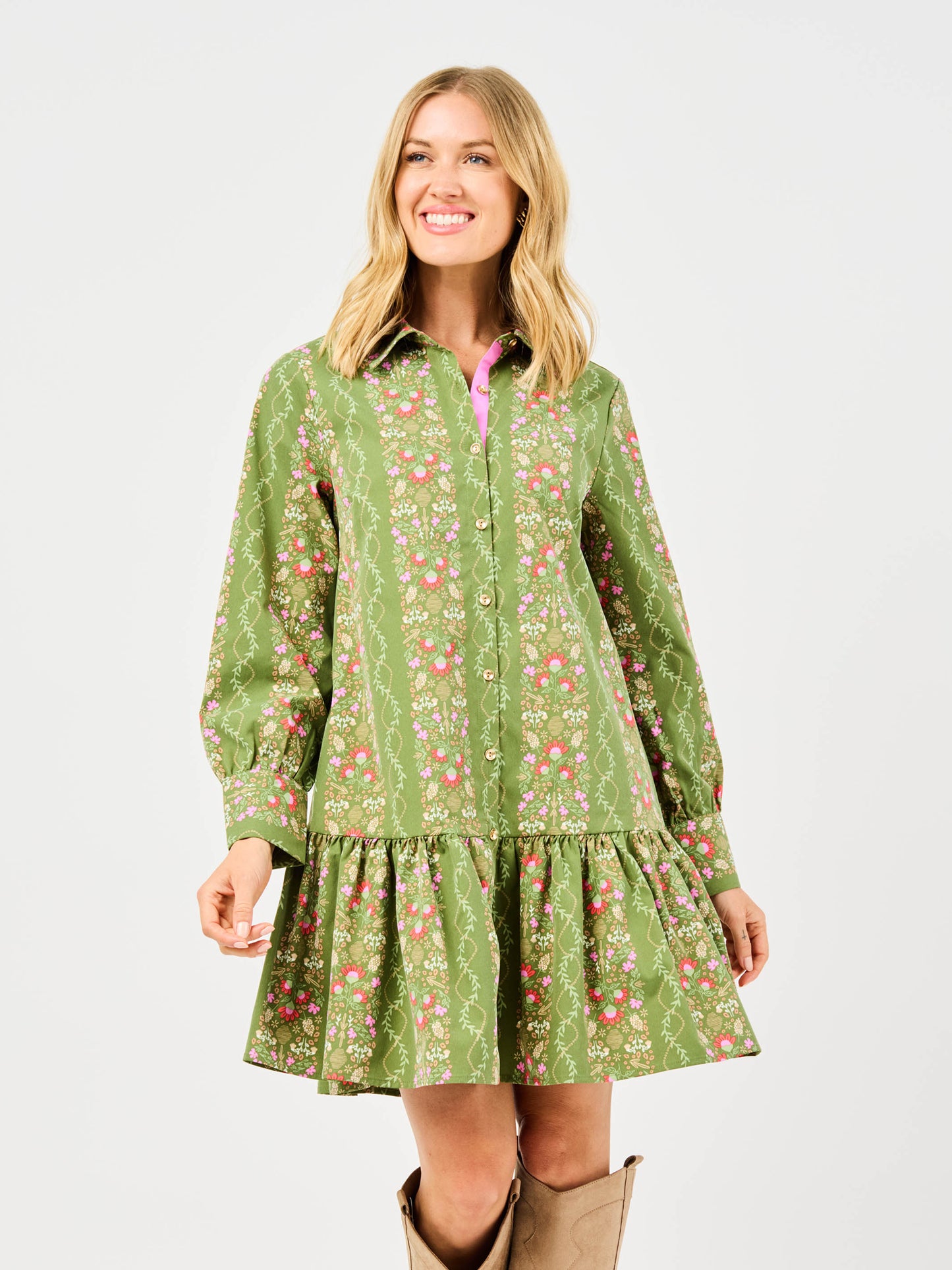 Green Floral Long Sleeve Dress