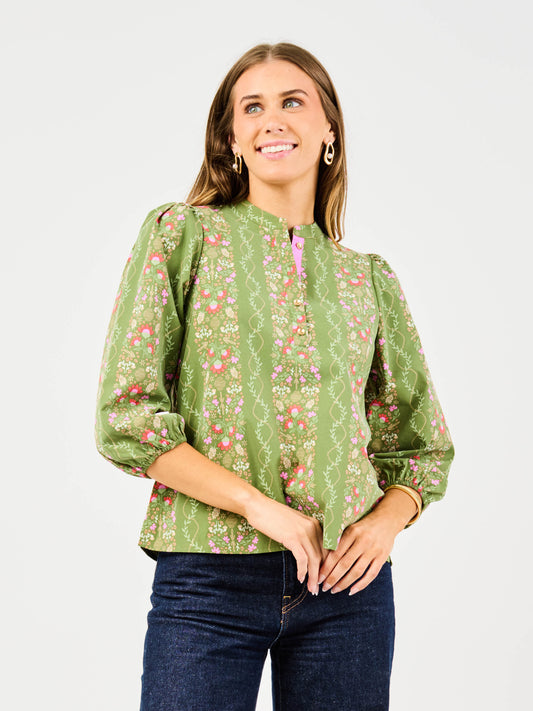 Green Floral Long Sleeve Top