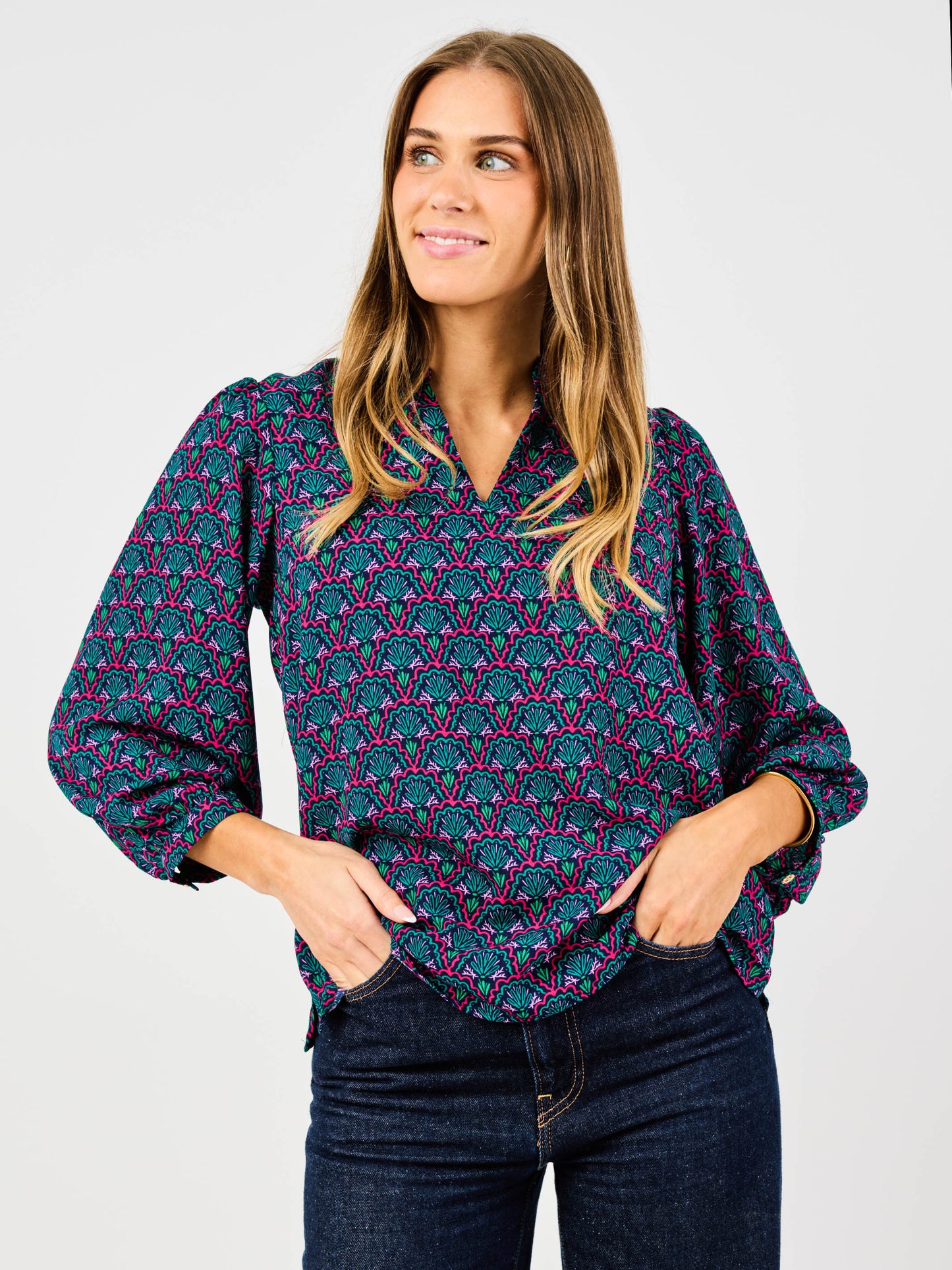 Long Sleeve Pink and Green Blouse