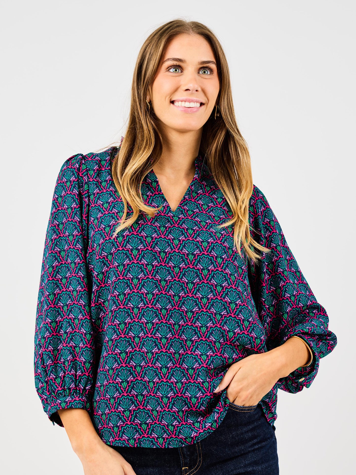Long Sleeve Pink and Green Blouse