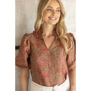 Ruffle Collared Jacquard Abstract Top