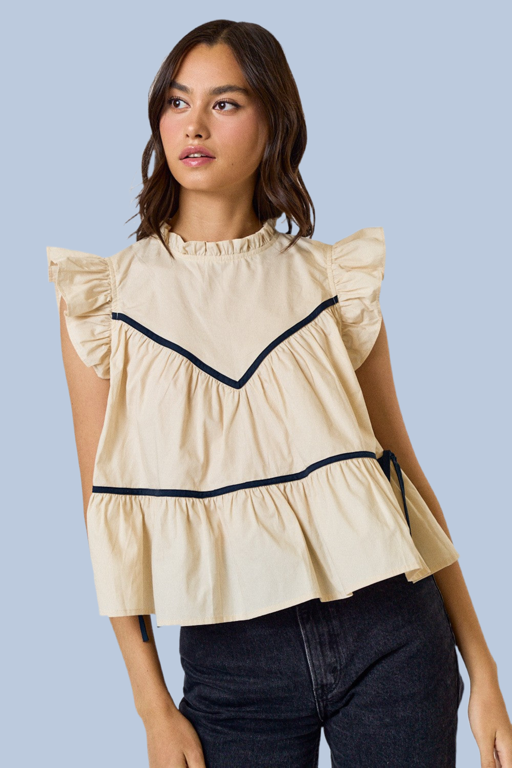 Ruffle Neck Top With Contrast Detail