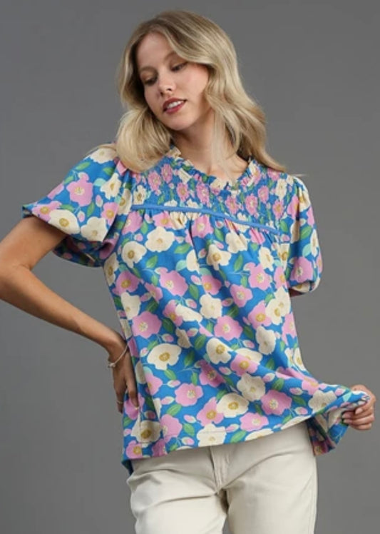 Blue Floral Puff Sleeve Top