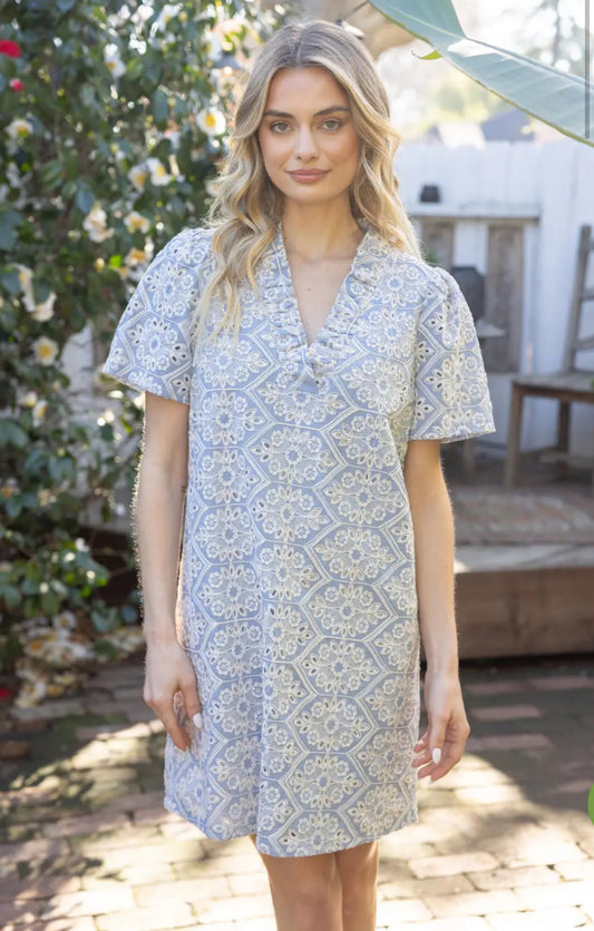 Wide Ruffle V Neck Emb Dress
