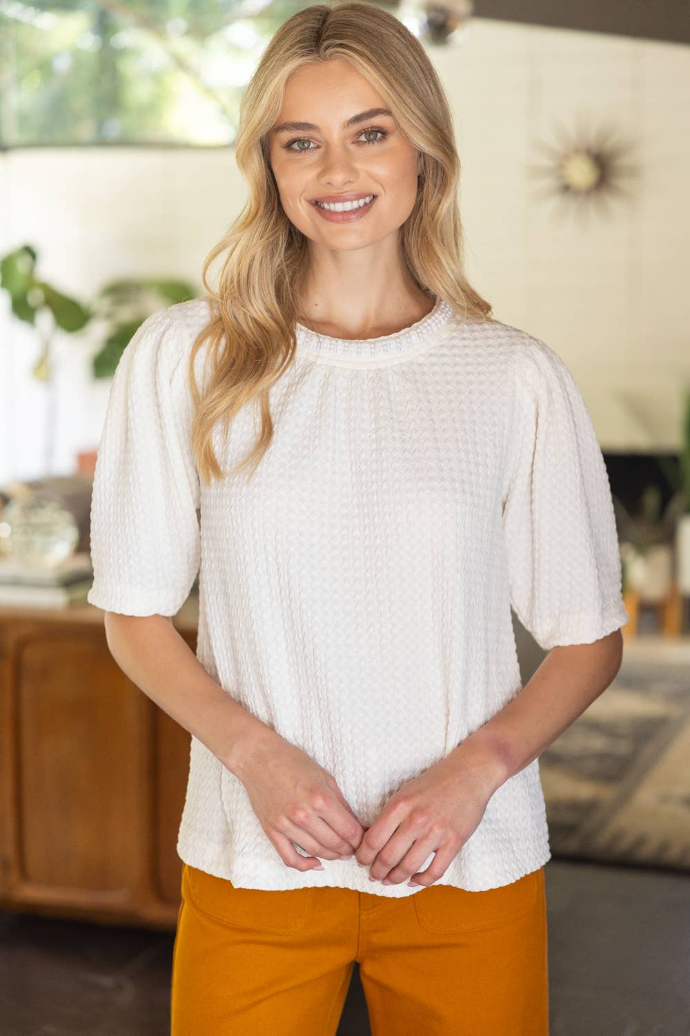 36017 Pearl Neck Trim Textured Solid Knit Top