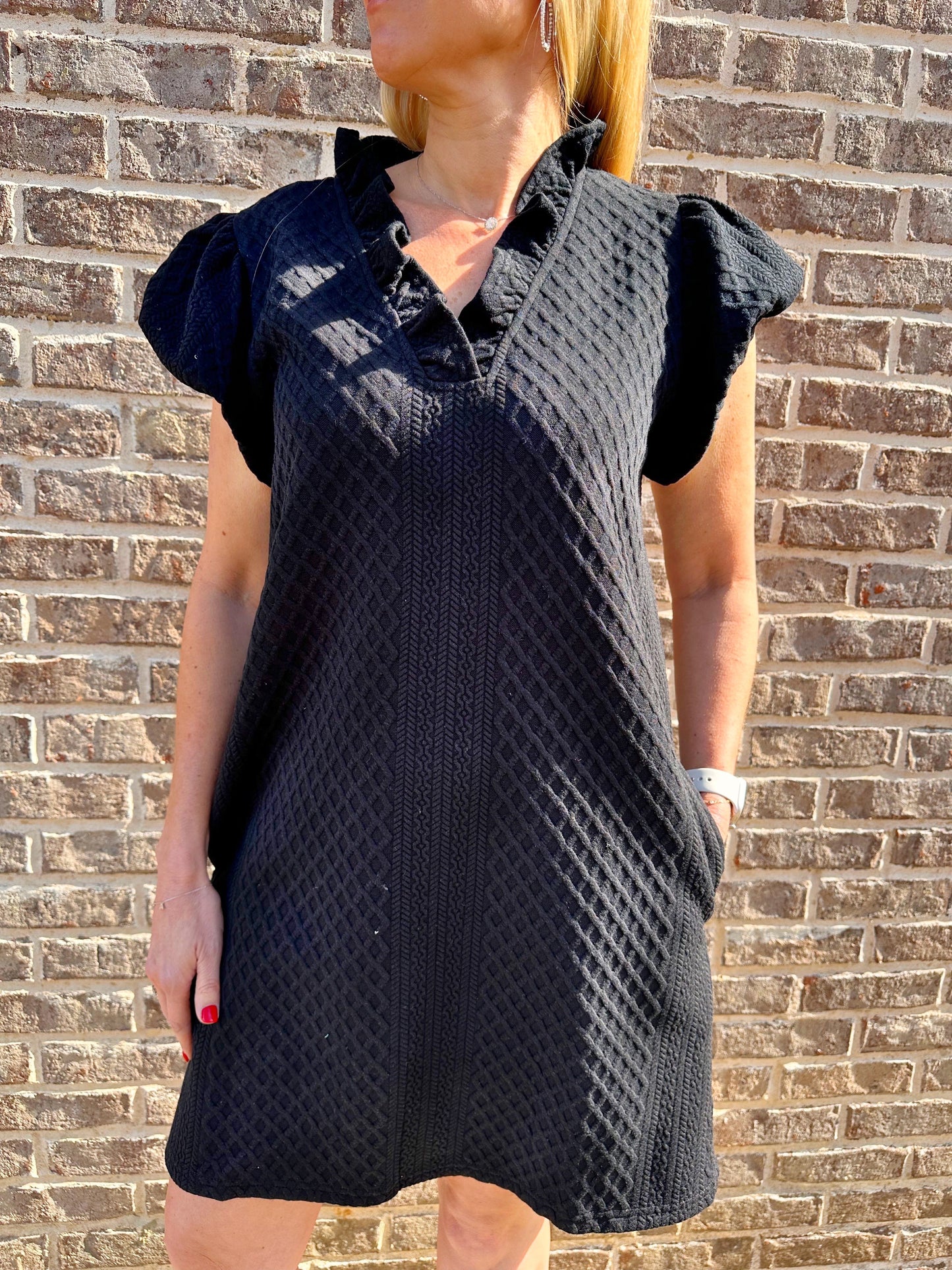 Textured Ruffle V-neck Dress