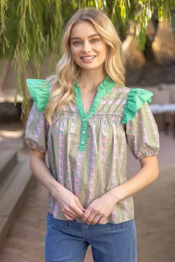 Contrast Ruffle Floral Print Top
