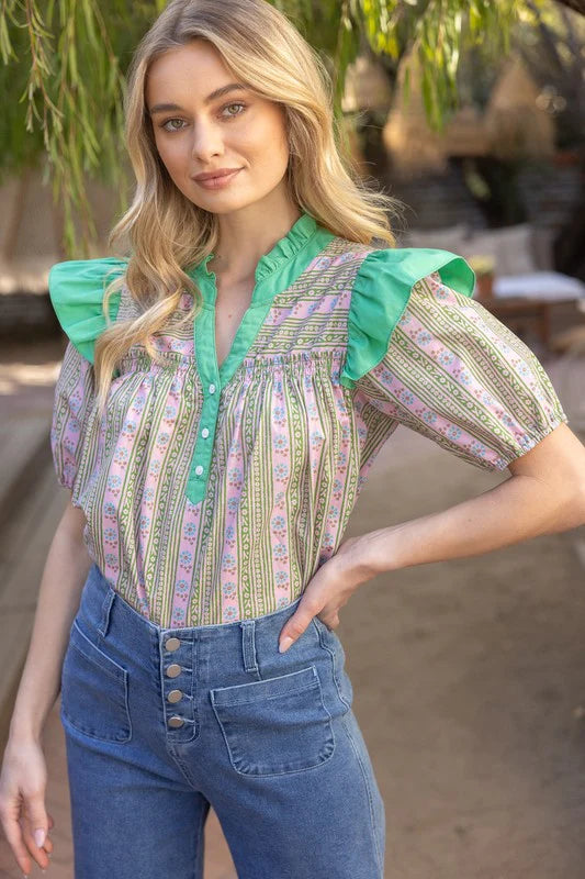 Contrast Ruffle Floral Print Top