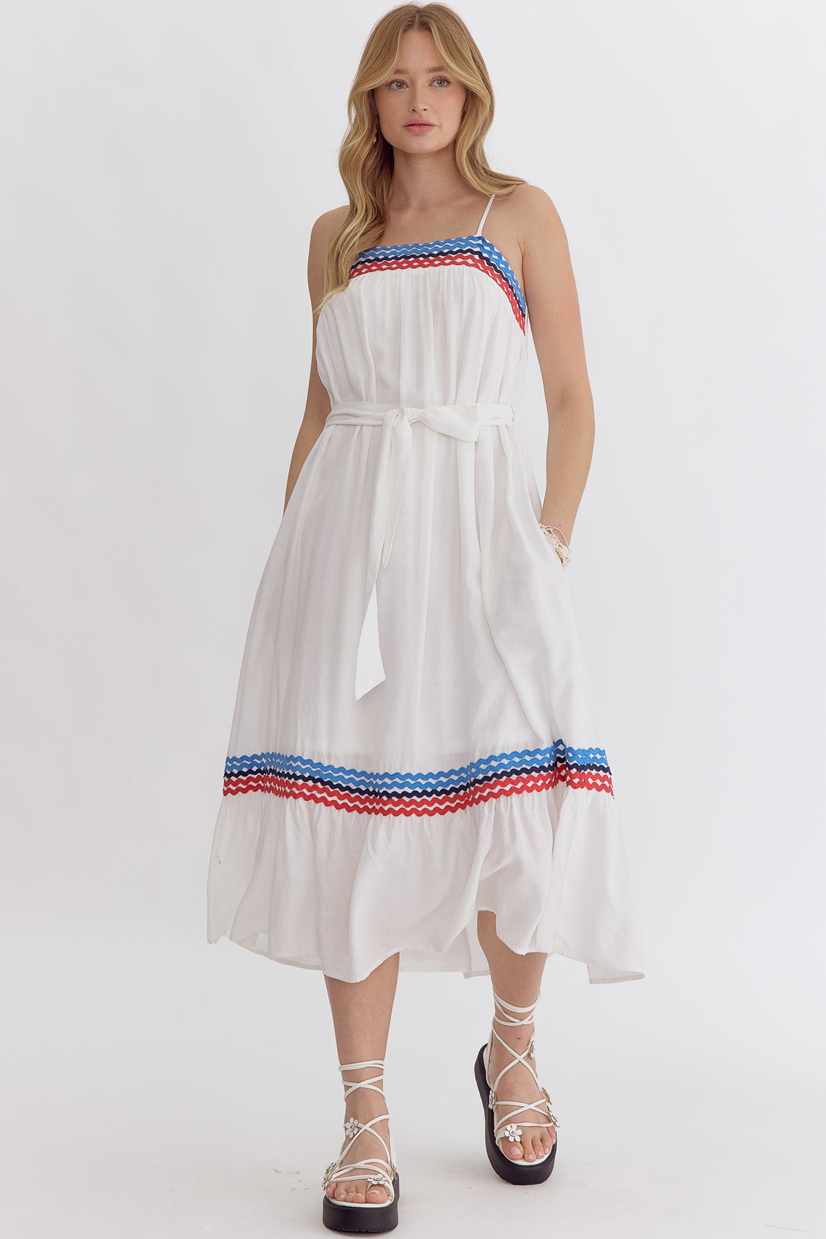 White Dress with Blue & Red Trim