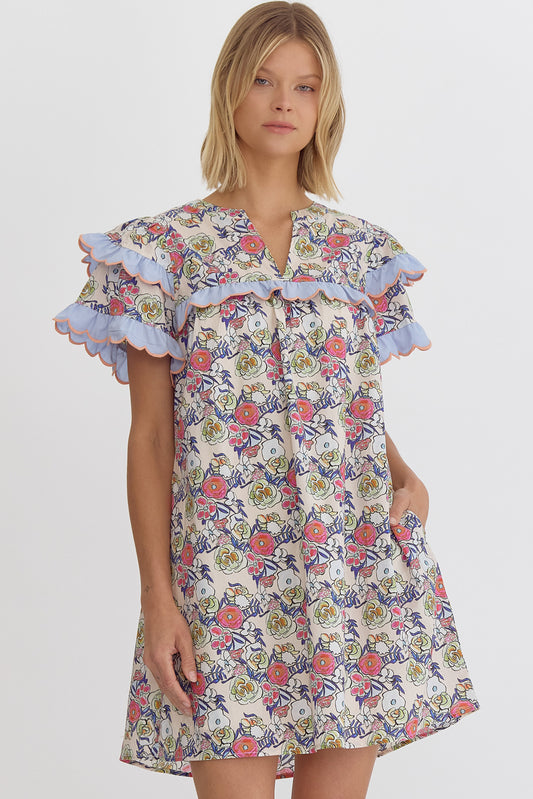 Ecru Floral With Sleeve Trim