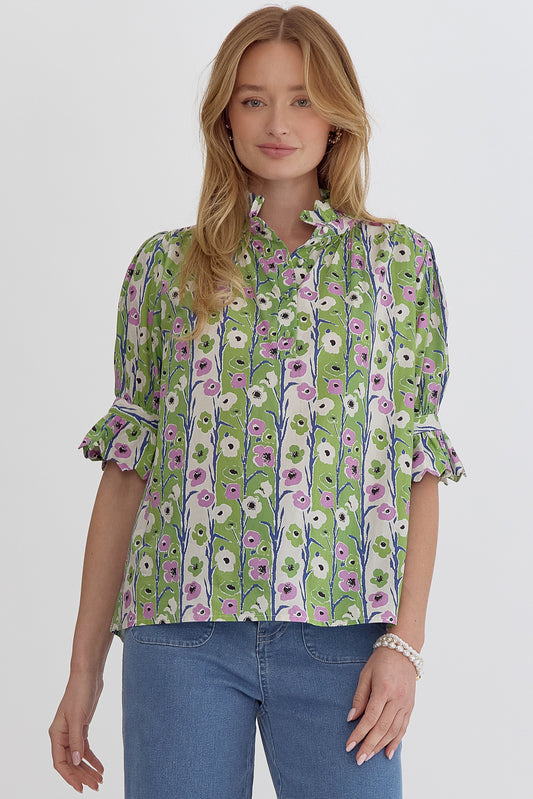 Floral Ruffle Sleeve & Neck Top