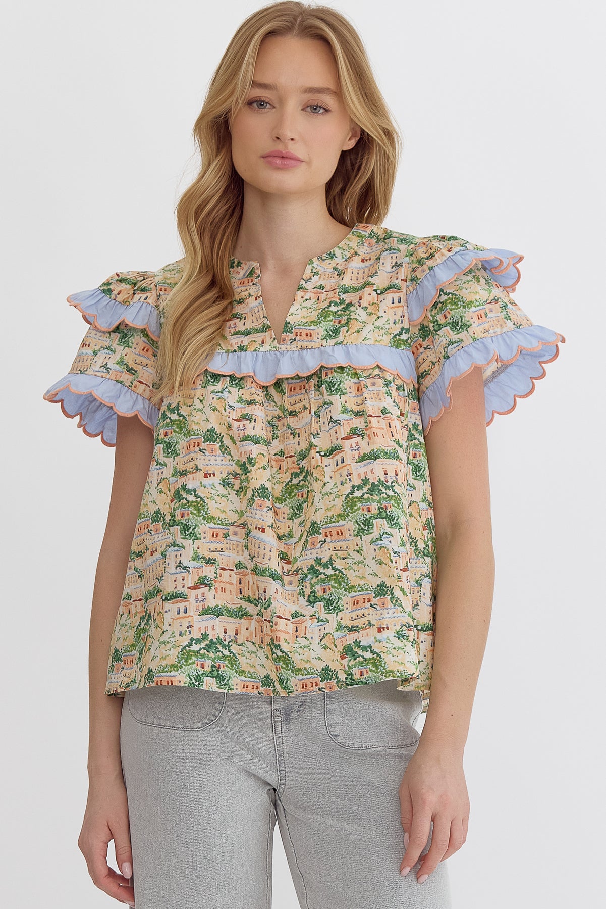 Green Peach Printed Shirt With Ruffle