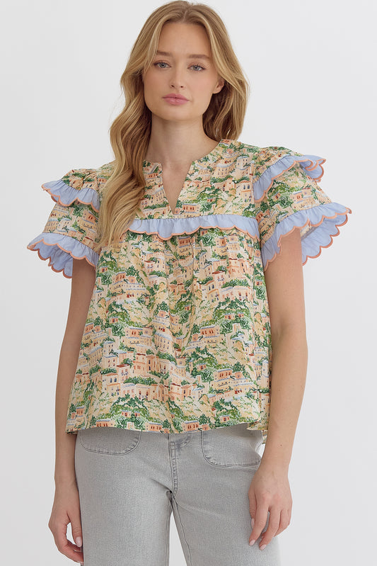 Green Peach Printed Shirt With Ruffle
