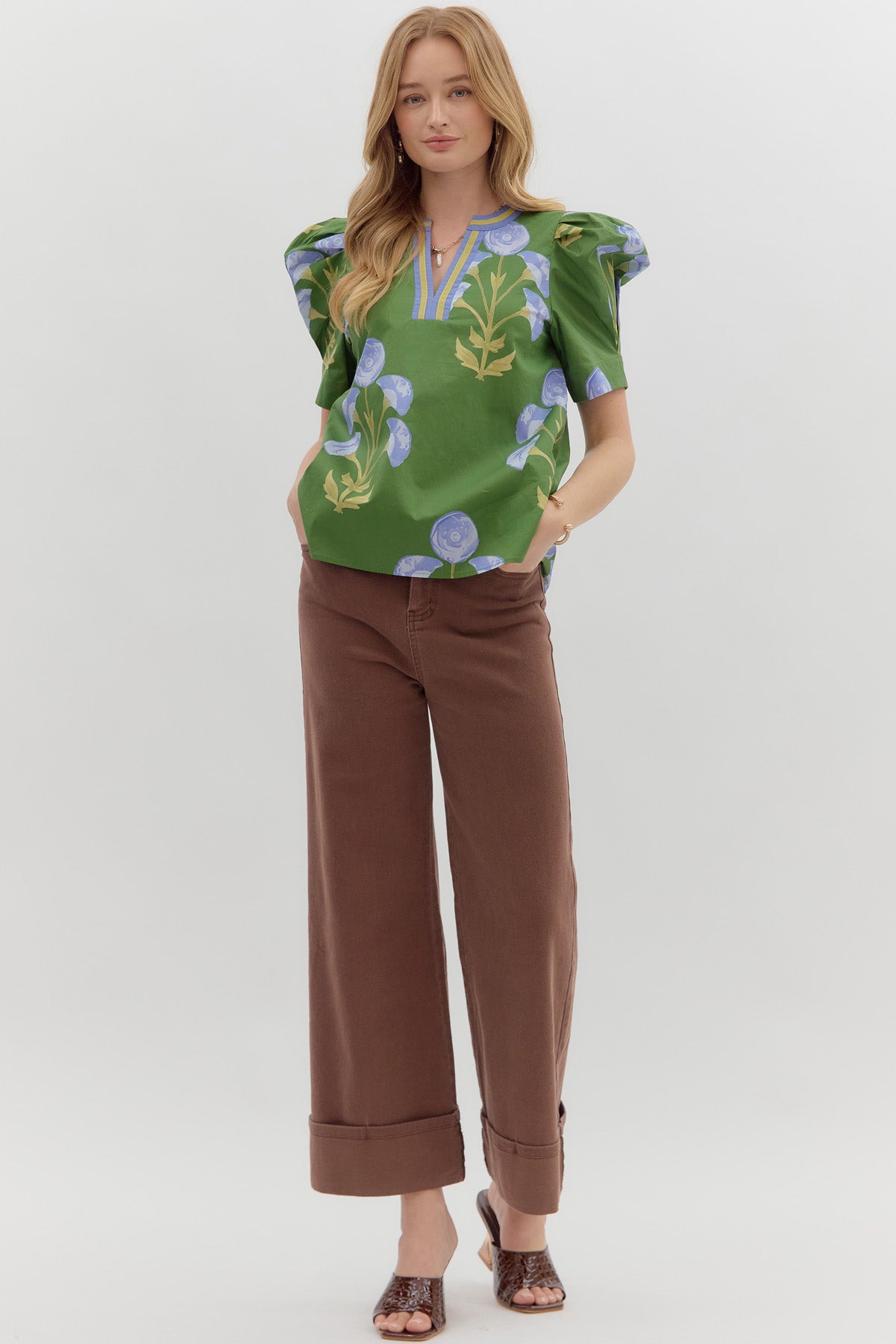 Puff sleeve split neck Top