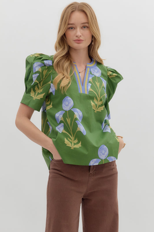 Puff sleeve split neck Top